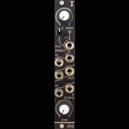 Black and gold eurorack synthesizer module with various connectors on a black background