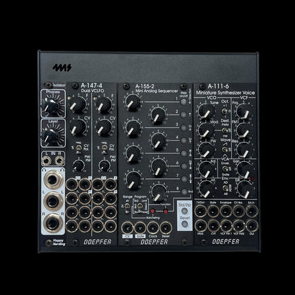 A black Doepfer modular synthesizer system with multiple rotary knobs, faders, and input/output jacks, photographed against a solid black background.
