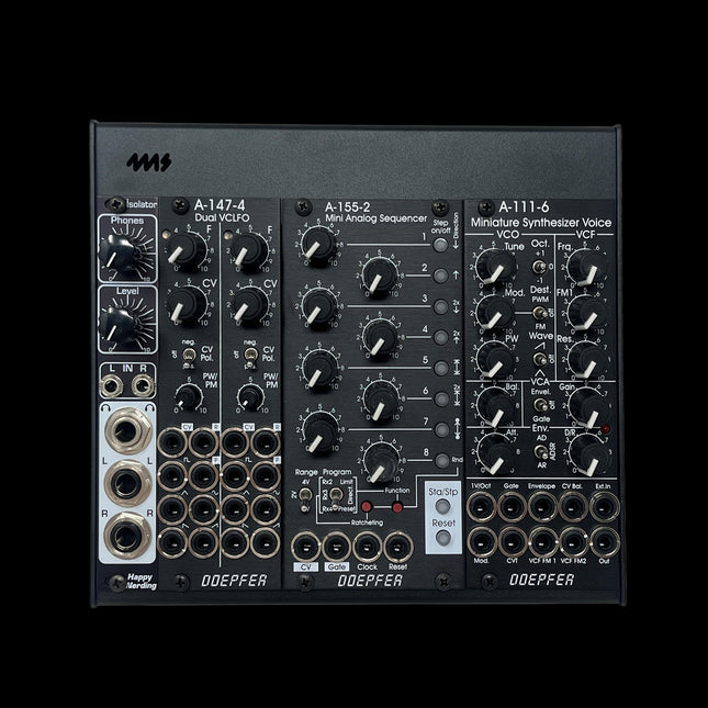A black Doepfer modular synthesizer system with multiple rotary knobs, faders, and input/output jacks, photographed against a solid black background.